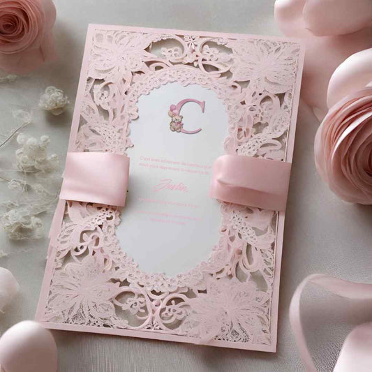 Faire-part de naissance - Dentelle rose pastel