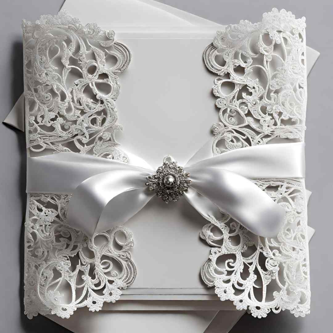 Faire-Part de Mariage - Couverture livret dentelle argentée