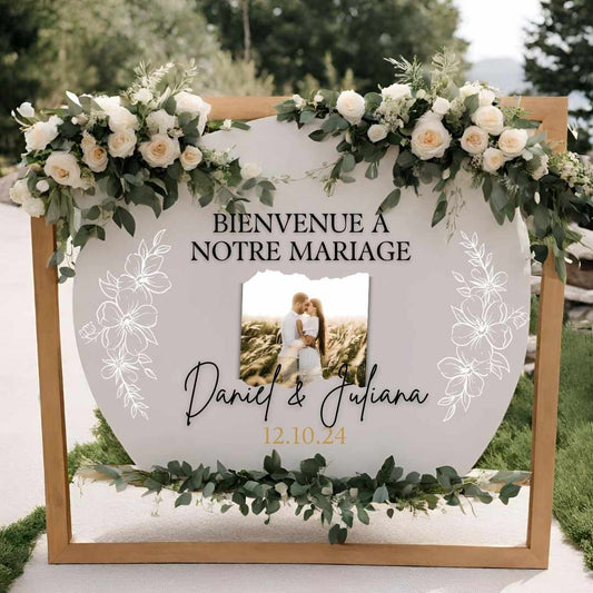 Panneau Mariage - Bienvenue fleurs blanches