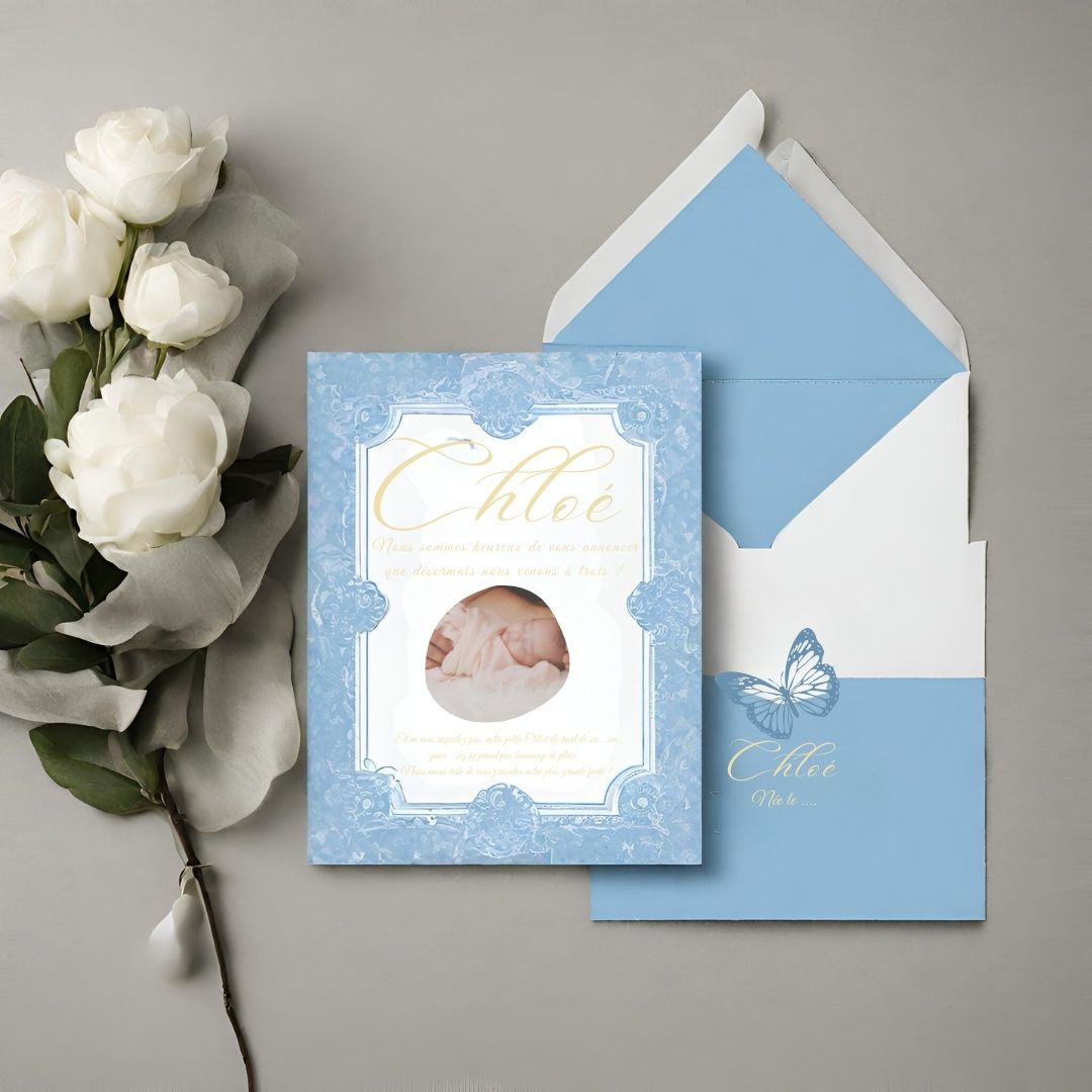 Faire-part de naissance bleu floral