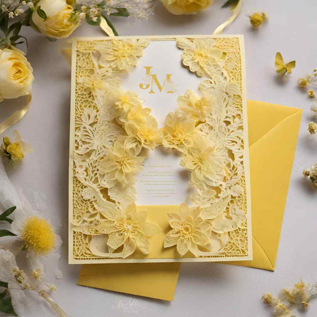 Faire-part de Mariage - Dentelle jaune pastel